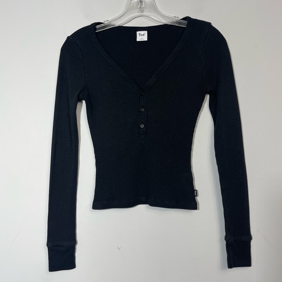 ARITZIA Tna HomeStretch Henley Black XS Waffle Knit Long Sleeve Crop Thermal Top - Picture 8 of 14
